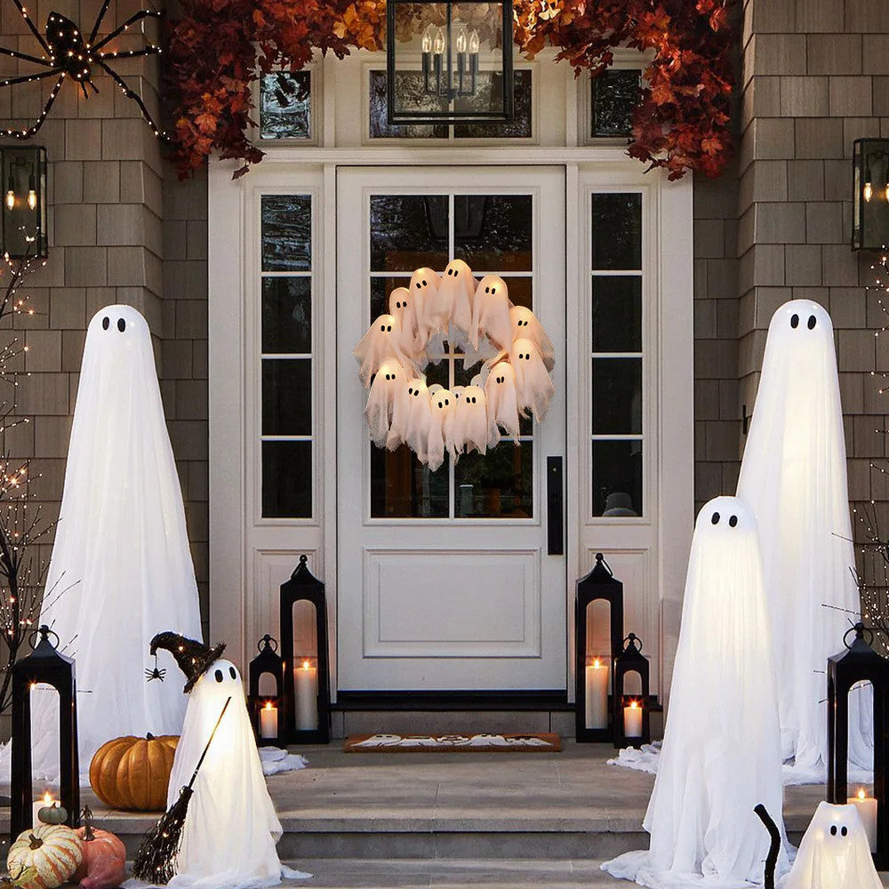 Halloween LED Ghost Wreath – Indoor/Outdoor Spooky Door & Wall Decor