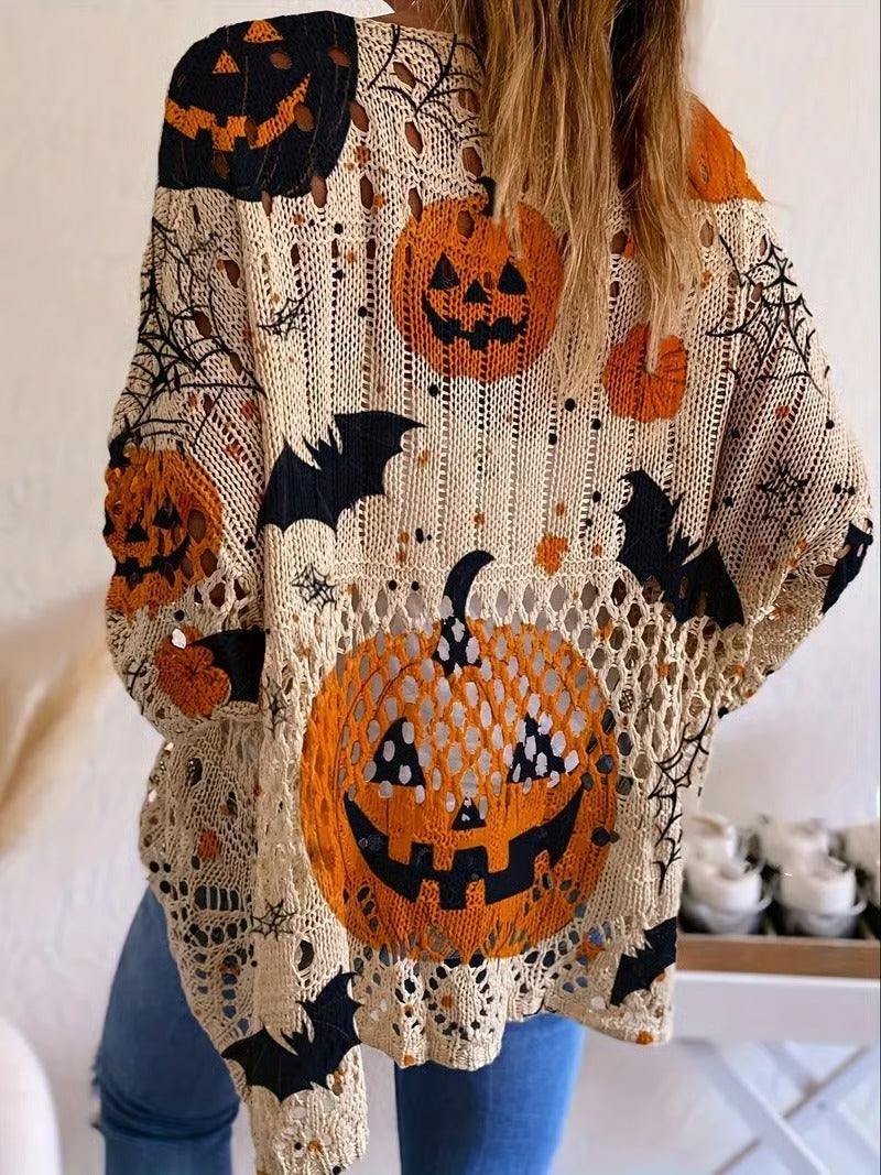 24-Hour Flash Deal⏰🎃 Women’s Halloween Pumpkin Print Knit Top – Casual & Elegant Loose Fit Sweater