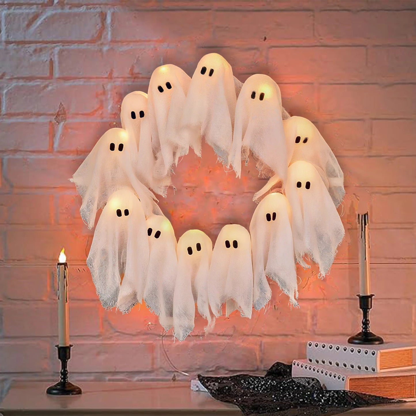 Halloween LED Ghost Wreath – Indoor/Outdoor Spooky Door & Wall Decor