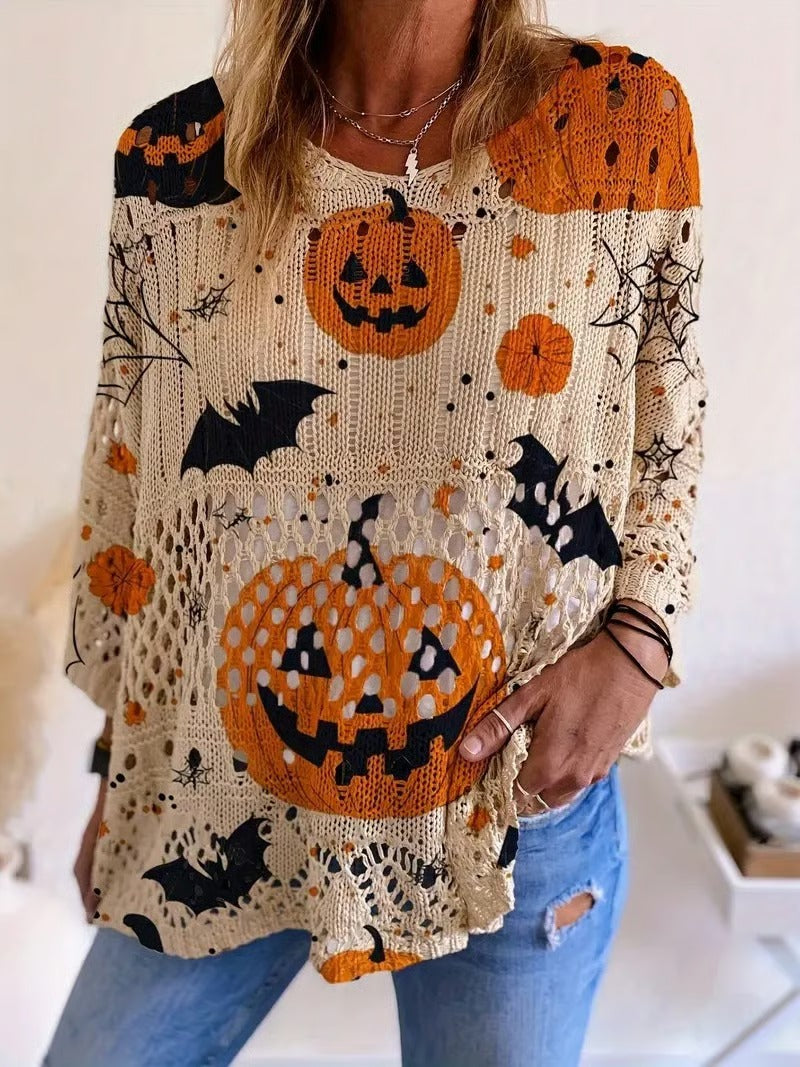 24-Hour Flash Deal⏰🎃 Women’s Halloween Pumpkin Print Knit Top – Casual & Elegant Loose Fit Sweater